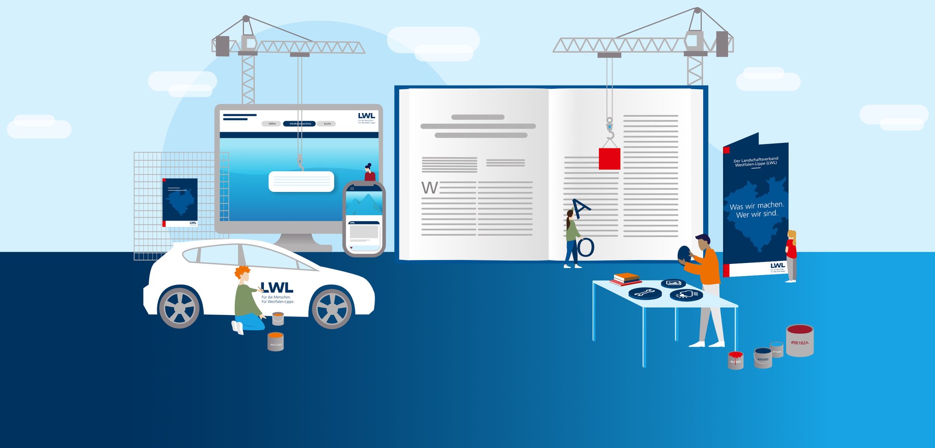 Grafik mit verschiedenen Elementen des LWL-Corporate Design, z.B. Autobeschriftung, Broschüre und digitale Medien. Sie zeigt symbolhaft eine Baustelle