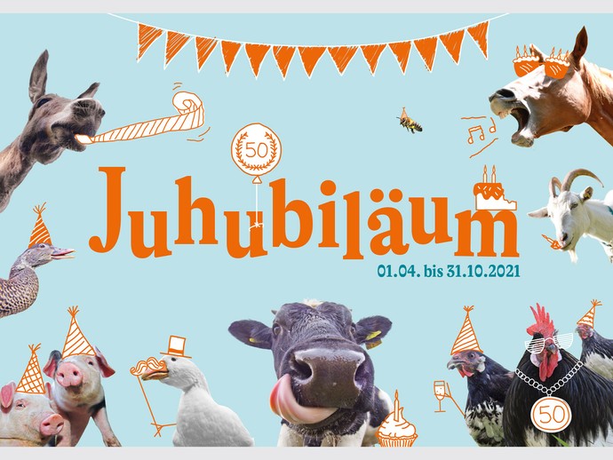 Postkarte Vorderseite mit verschiedenen Bauernhofstieren und dem Titel "Juhubiläum". (vergrößerte Bildansicht wird geöffnet)